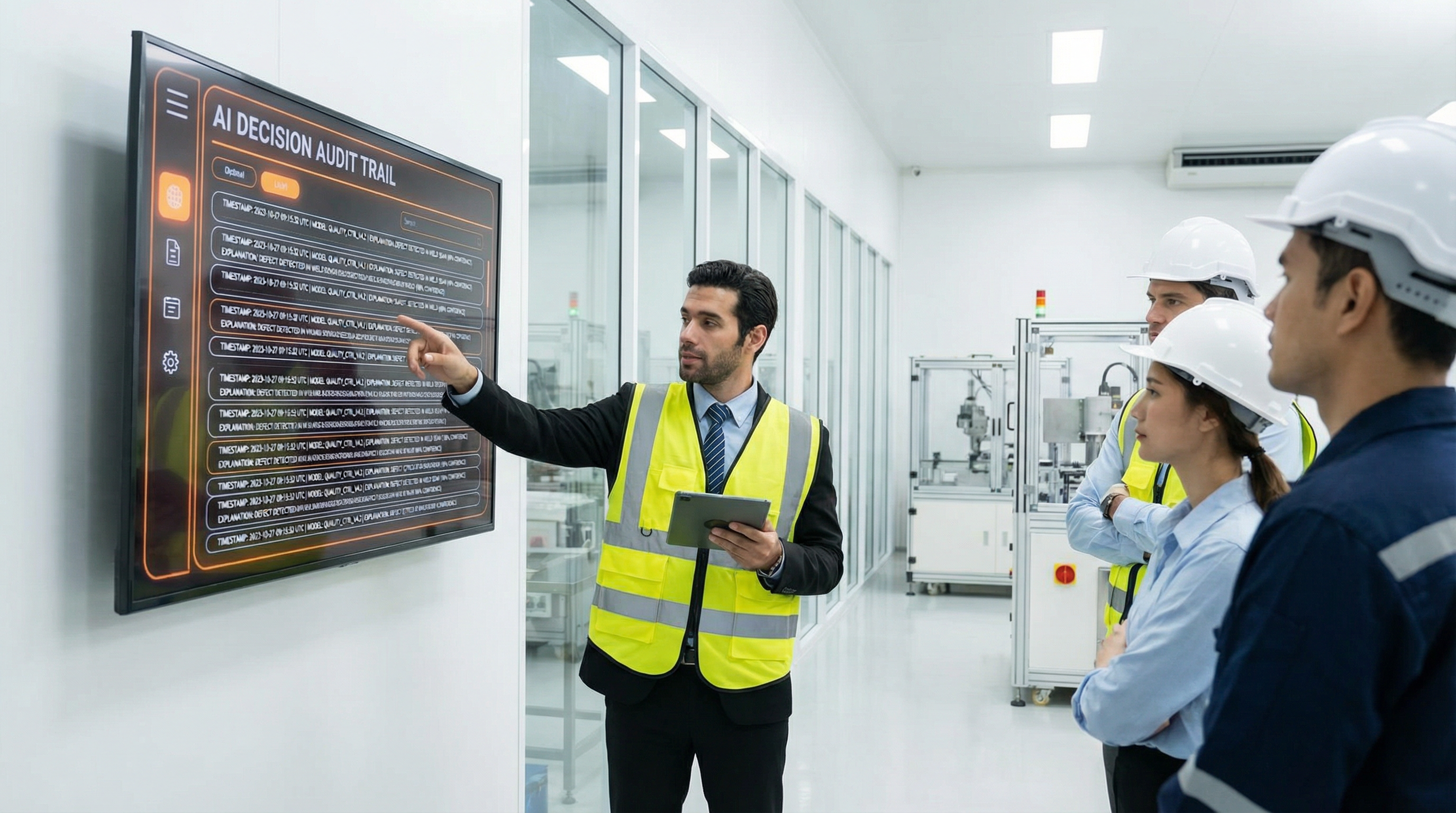 Bediener überprüft KI-Empfehlungen mit transparenten Entscheidungserklärungen auf einem Fabrik-Dashboard