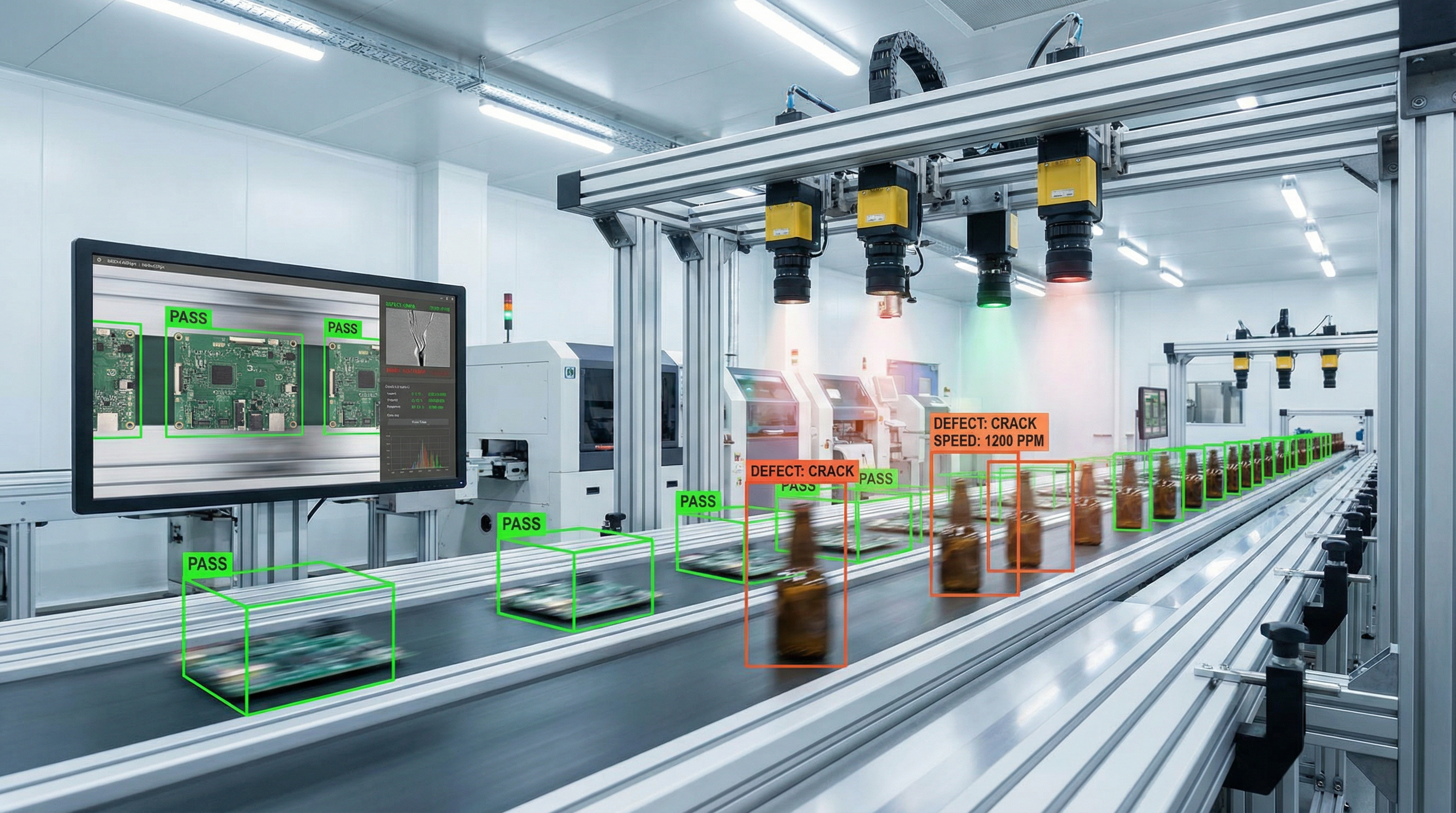 KI-gestütztes Kamerasystem inspiziert gefertigte Teile auf einer Produktionslinie