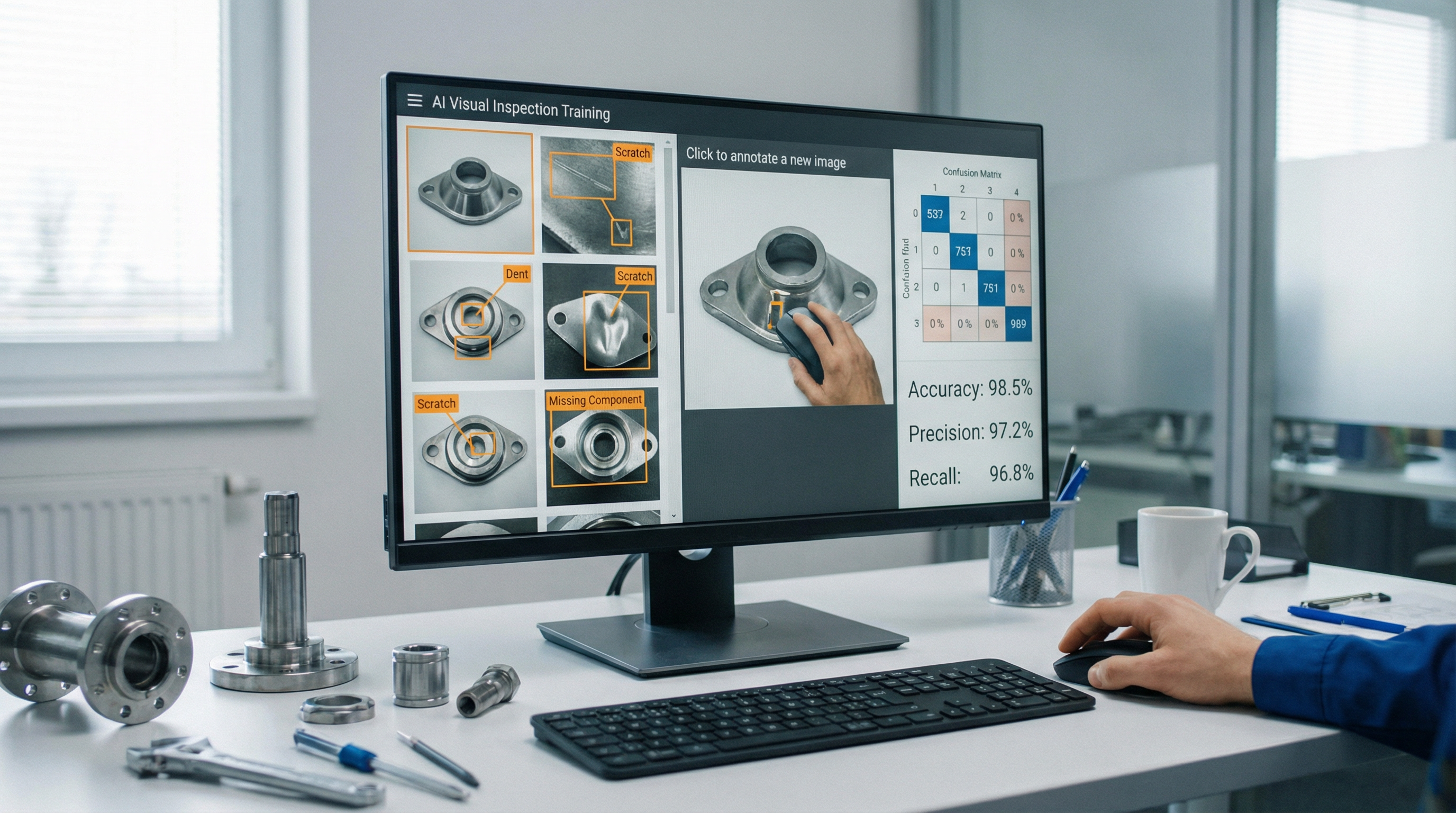 Qualitätsingenieur überprüft KI-Inspektionsergebnisse und Modell-Performance-Metriken