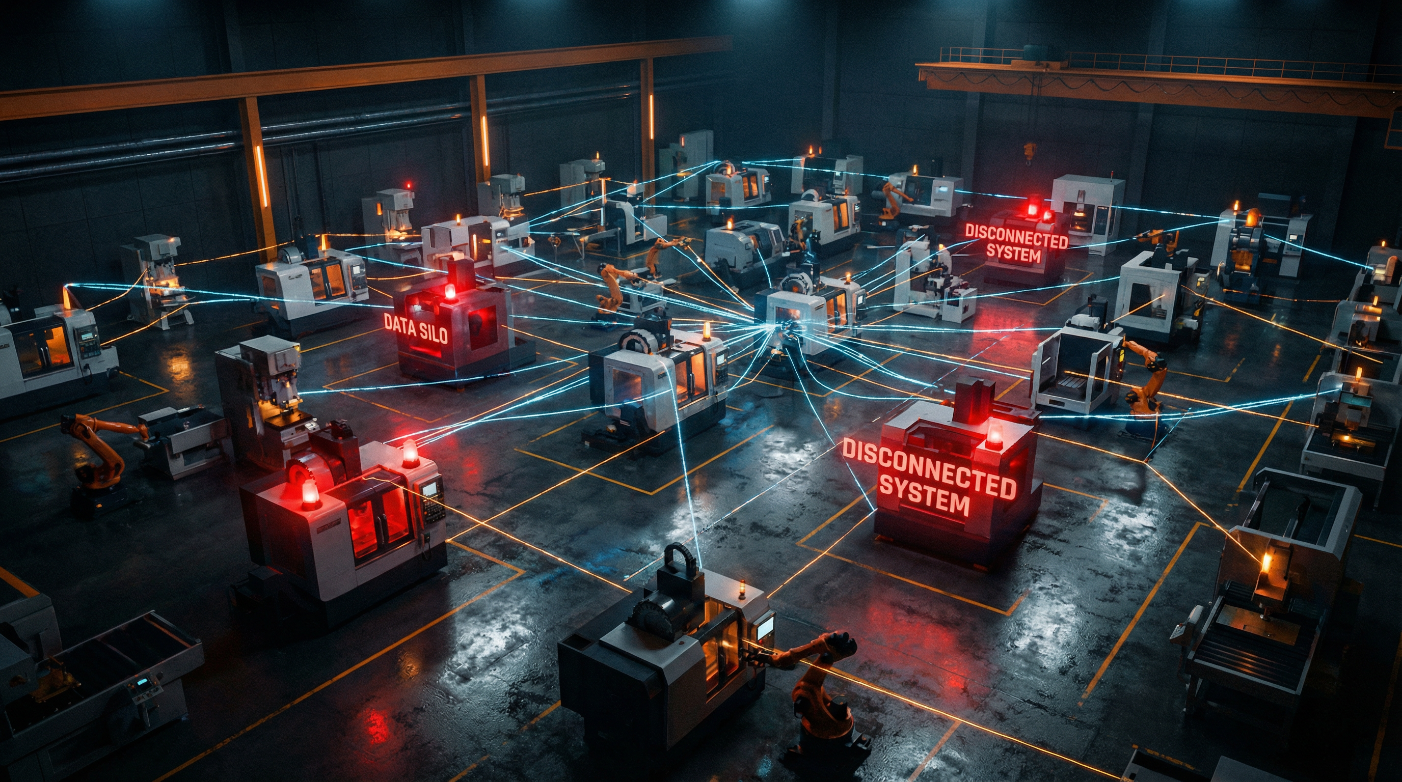 Produktionshalle mit getrennten Systemen und fragmentierten Datenströmen